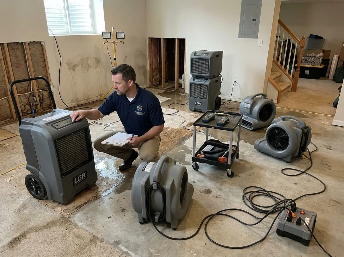 Air movers and a dehumidifier drying a water-damaged room