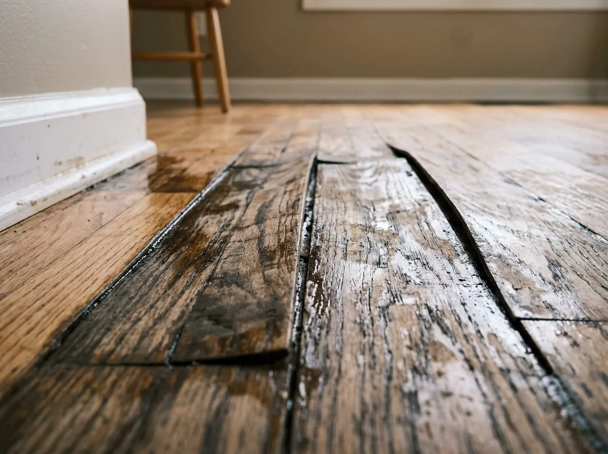 Close-up of buckled and cupped hardwood flooring after water damage in Westerville, OH