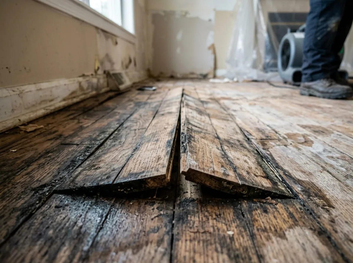 Buckled hardwood flooring from water damage in a Westerville, OH residence