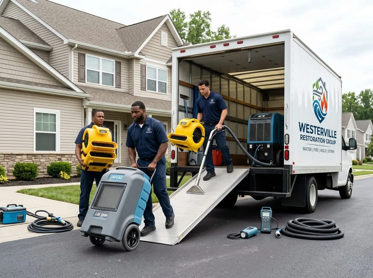 Crew unloading air movers from a truck at a Genoa Township, OH home