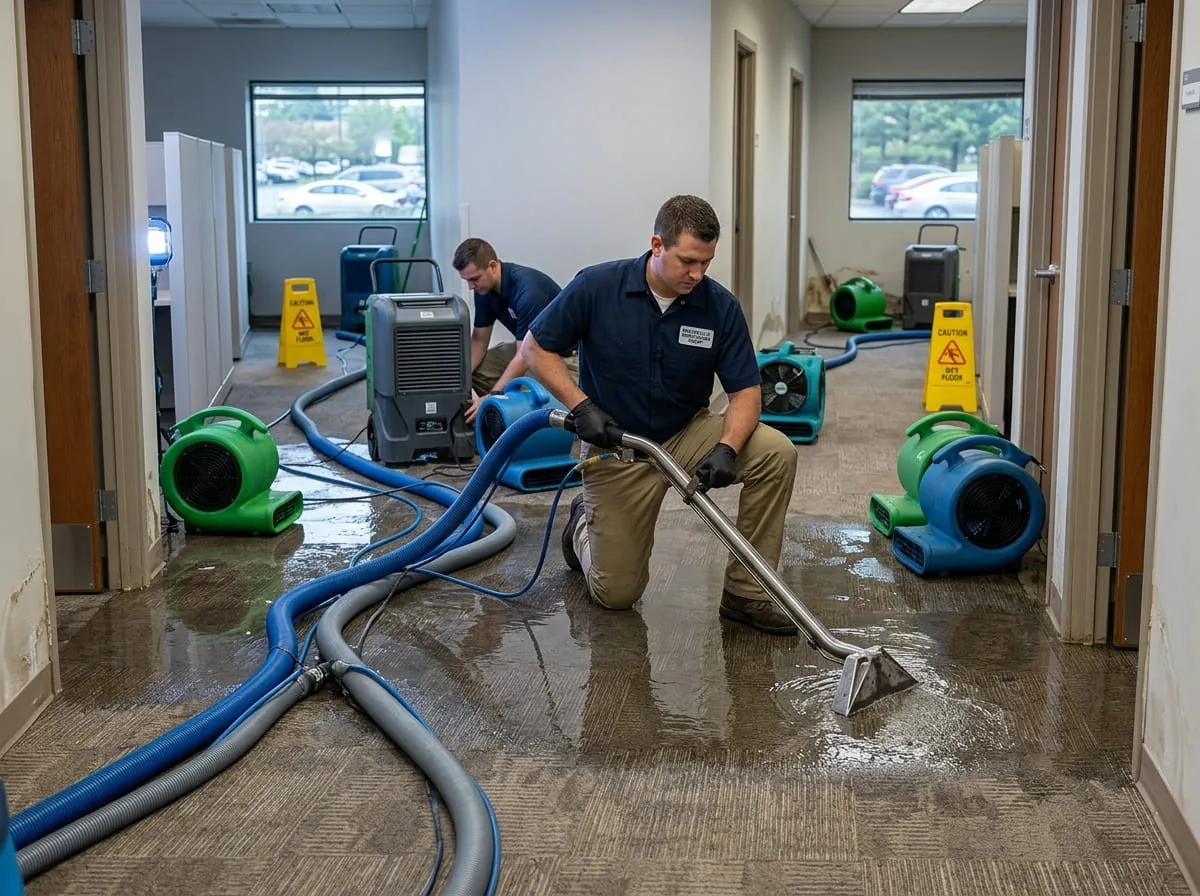 Technician extracting firefighting water from a Westerville, OH building after a fire is out