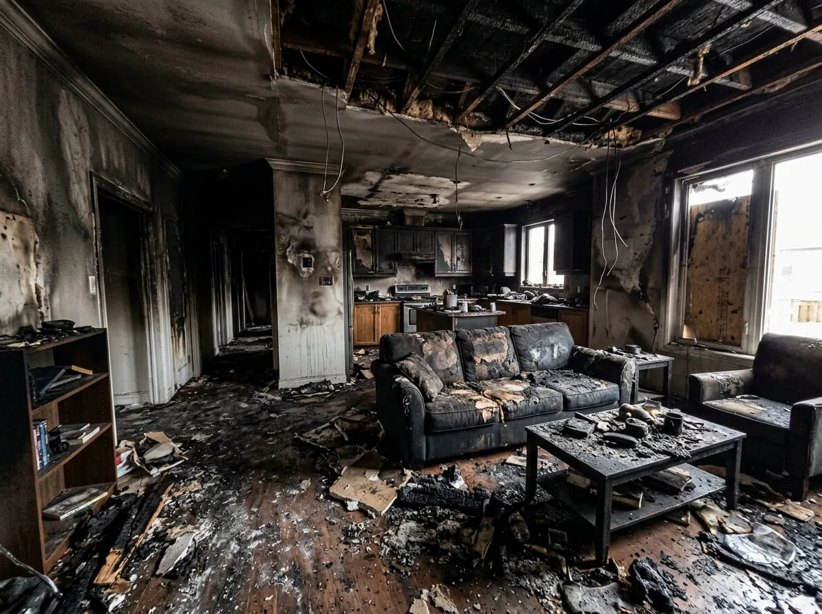 Fire-damaged living room with visible smoke and soot staining in a Westerville, OH home