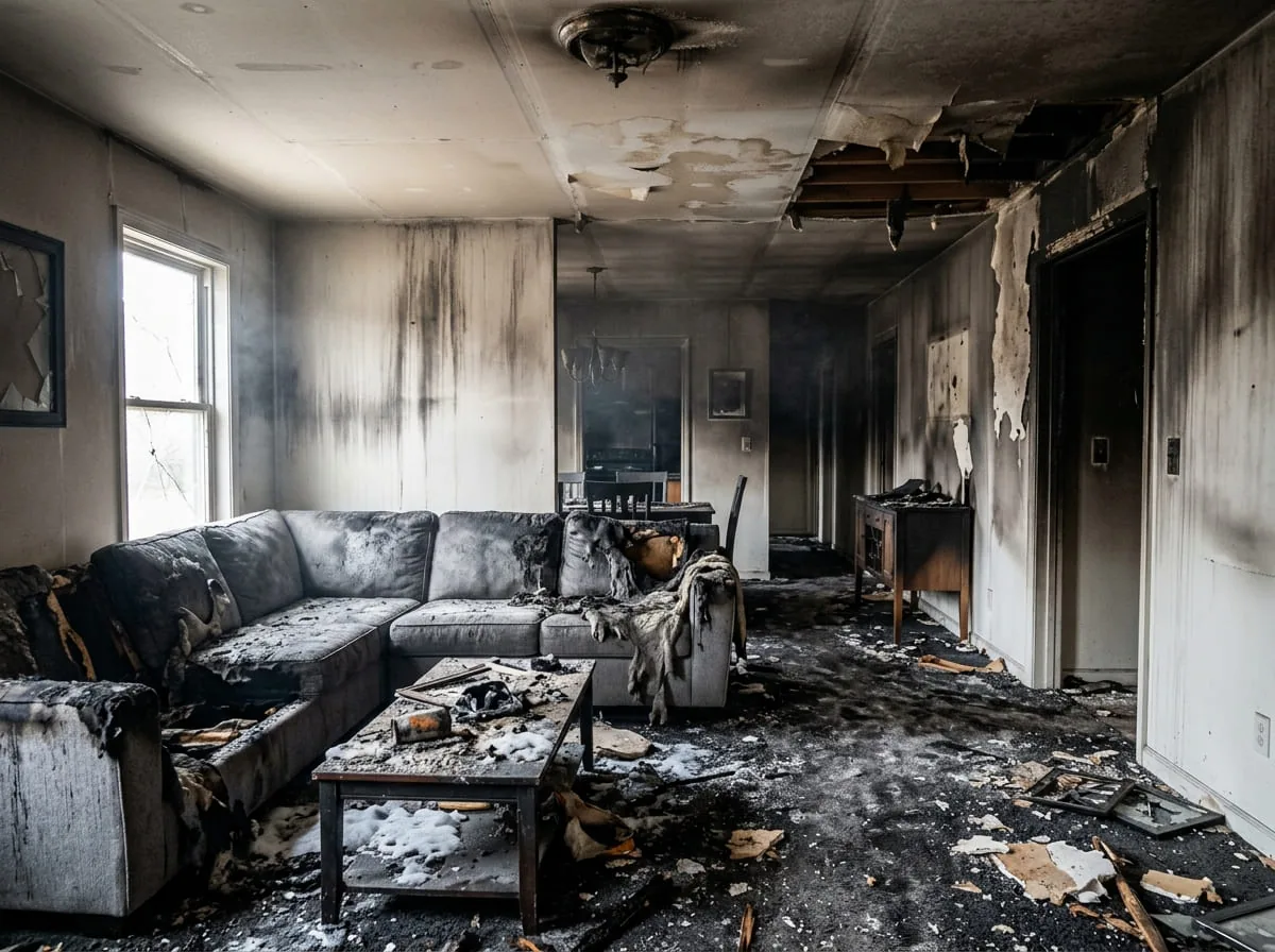Interior of a Westerville, OH home showing fire damage before restoration begins