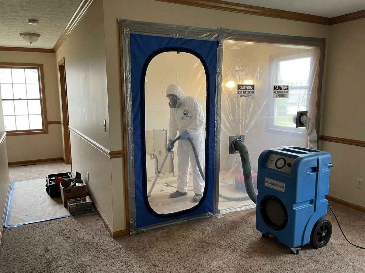Mold containment barrier set up in a Westerville, OH basement ahead of remediation