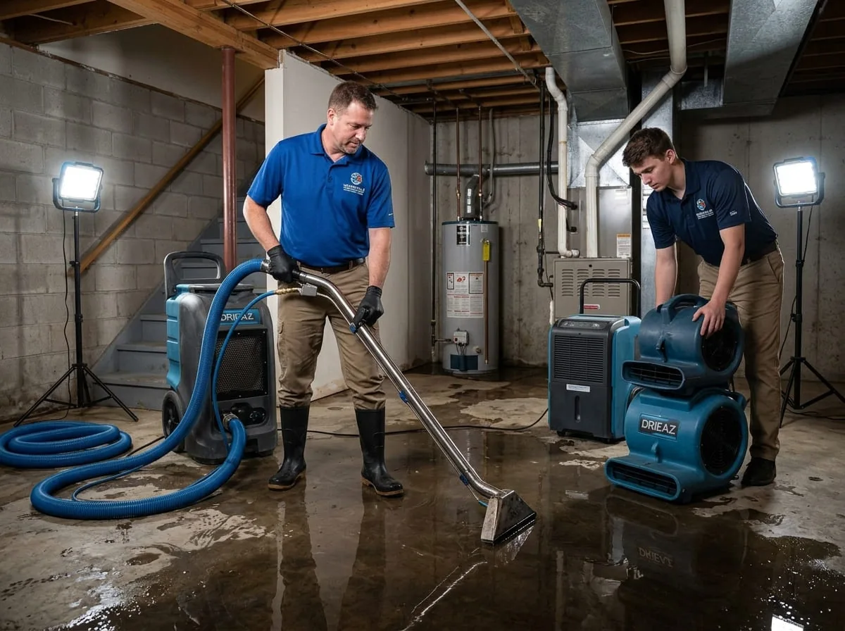Restoration crew cleaning up flood water in a Westerville, OH basement mechanical room