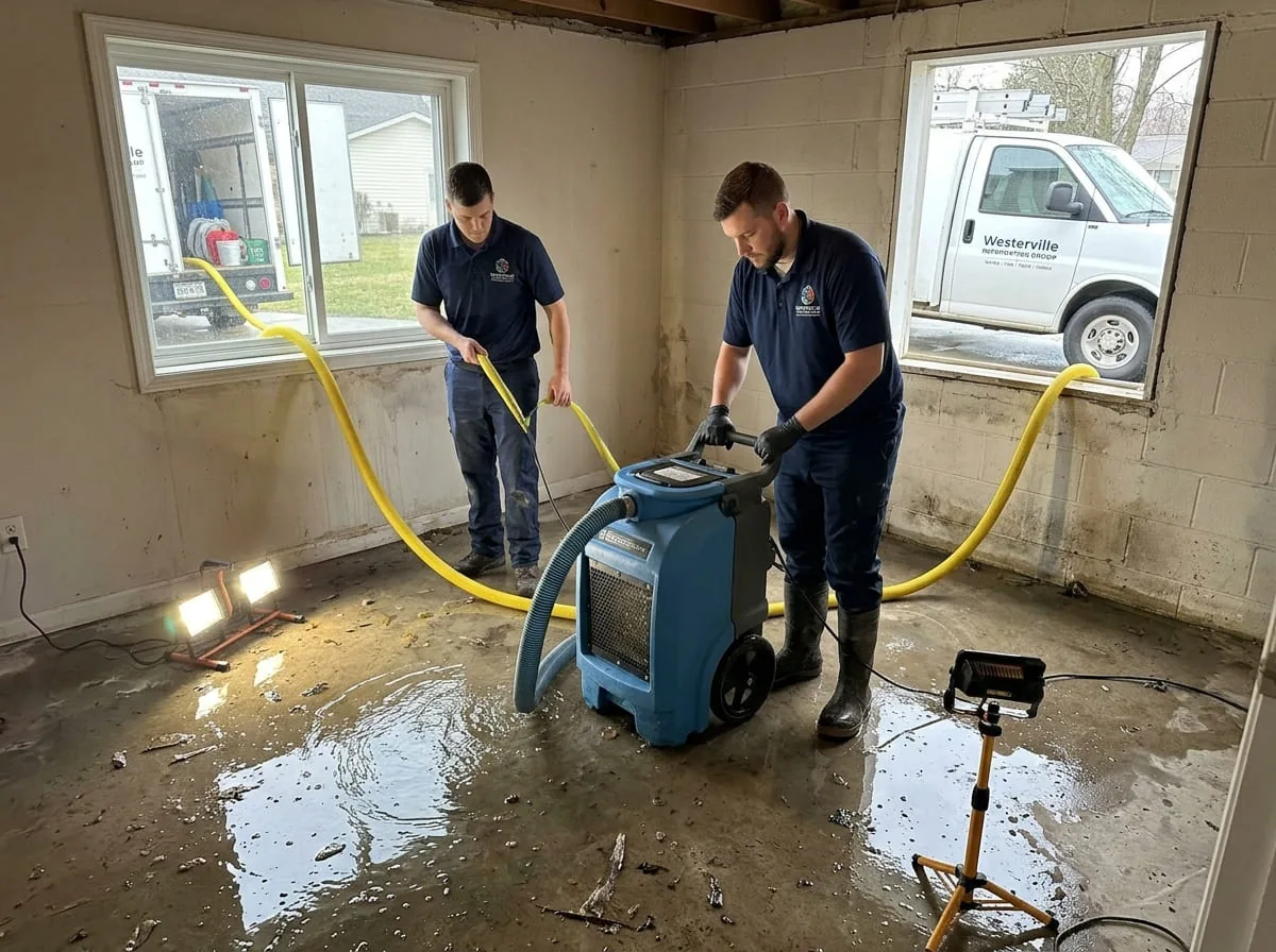 Restoration crew extracting contaminated water during a sewage cleanup job in Westerville, OH