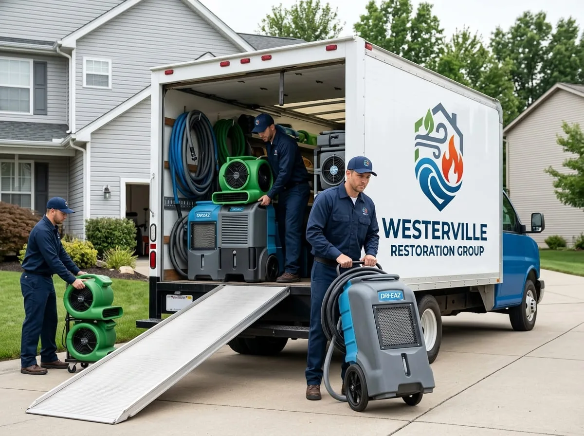 Restoration crew unloading equipment from a truck in Blendon Township, OH