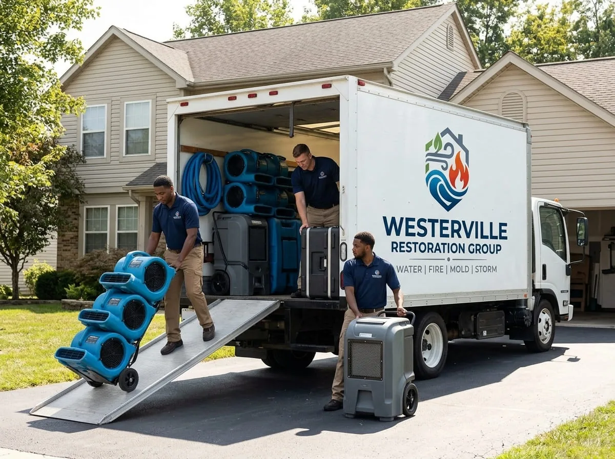 Restoration equipment staged in a garage ahead of a job in Worthington, OH