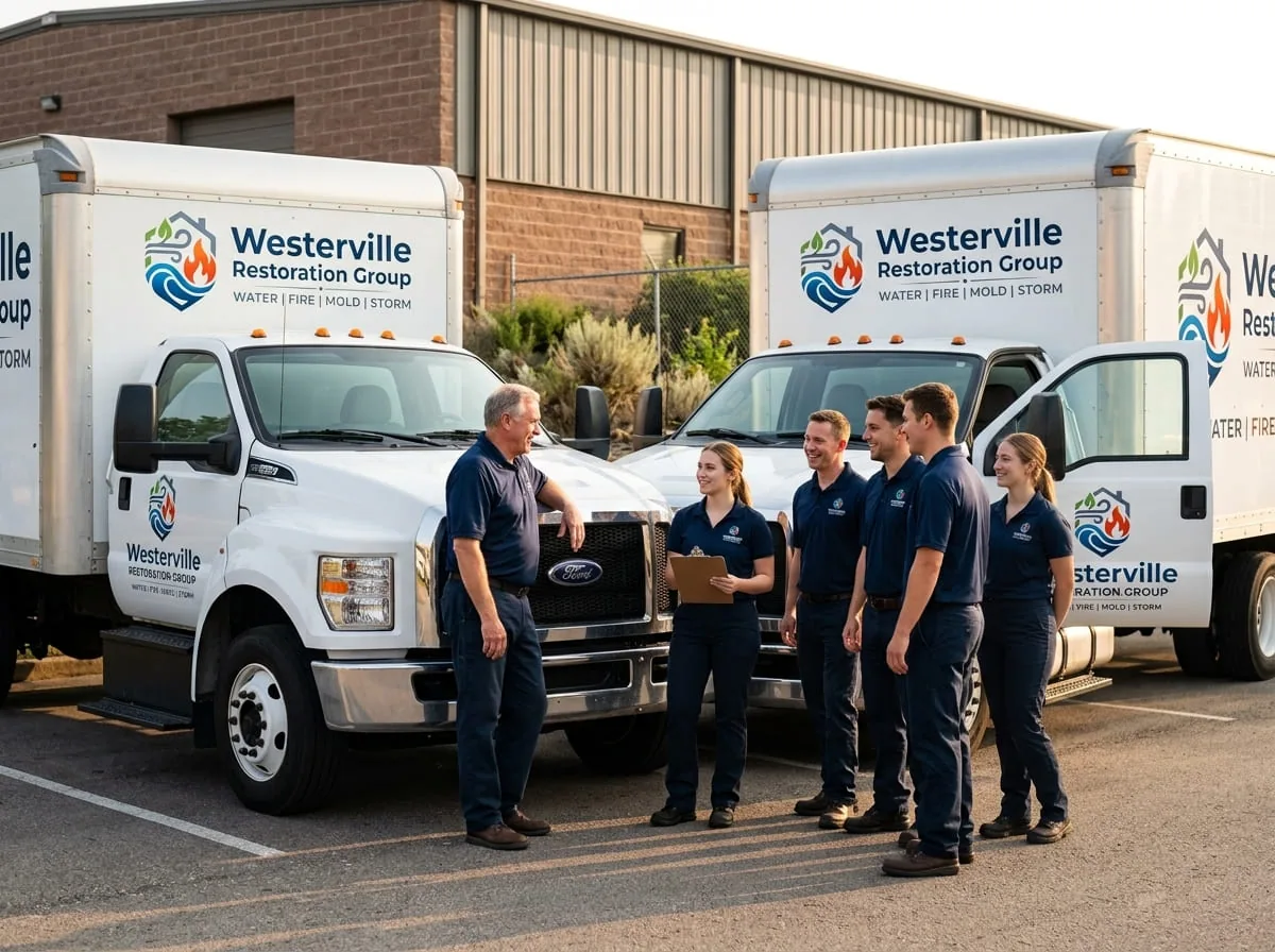 Restoration professionals and service trucks that respond to calls routed through Westerville Restoration Group in Westerville, OH