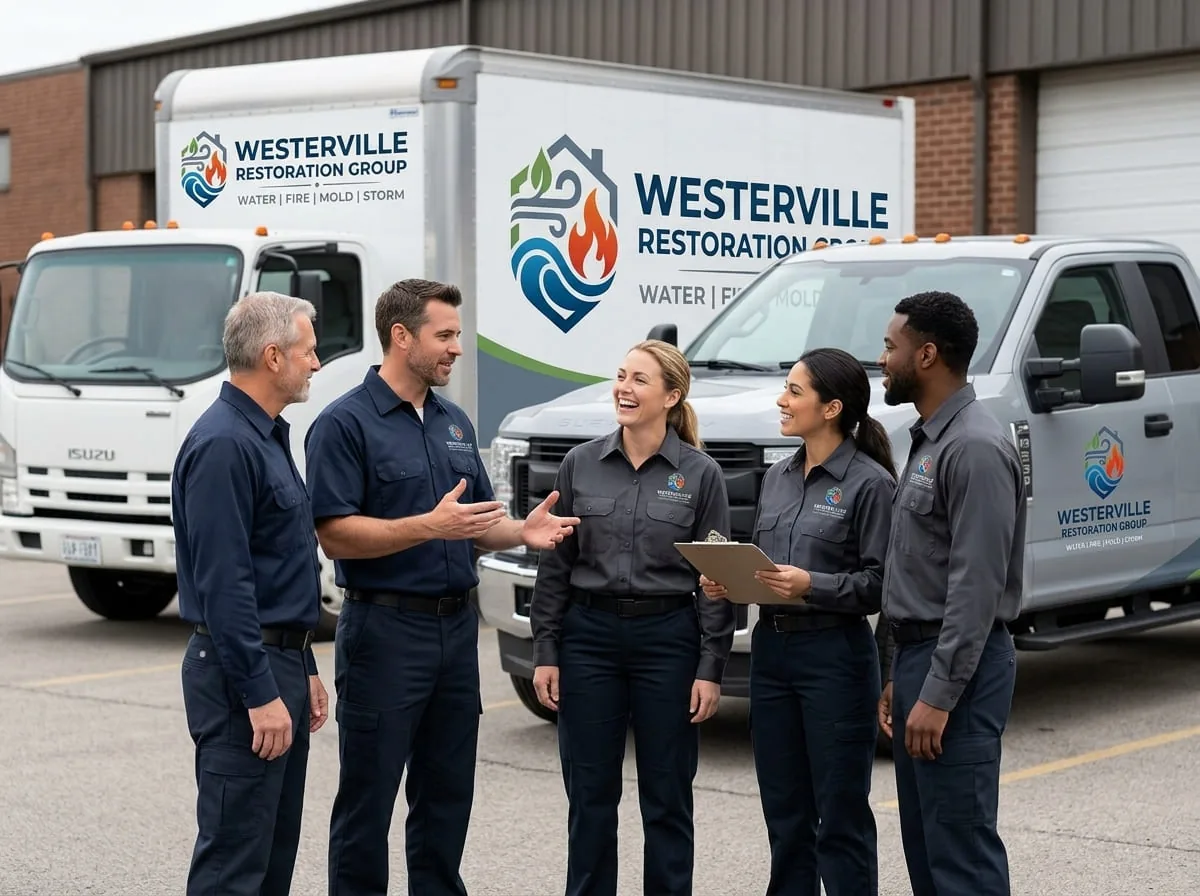 Westerville Restoration Group crew standing beside company trucks, ready for 24/7 dispatch in Westerville, OH
