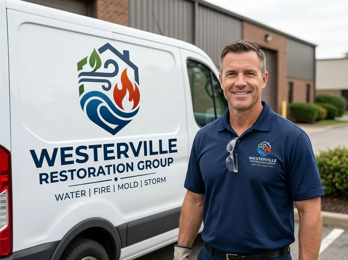 Restoration technician beside a company truck in Minerva Park, OH