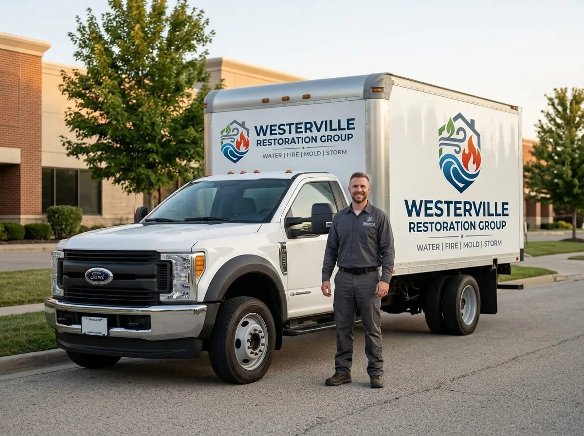 Restoration technician beside a service van in Berkshire Township, OH
