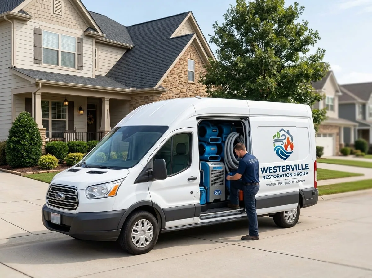 Restoration truck parked at a newer-construction home in Orange Township, OH