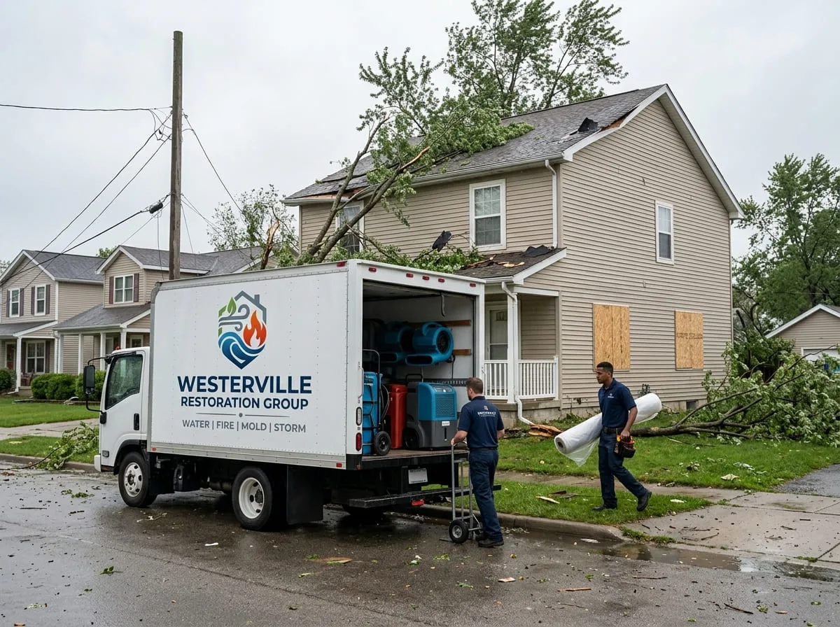 Restoration truck responding to a storm-damaged home near the Big Walnut Creek corridor in Gahanna, OH