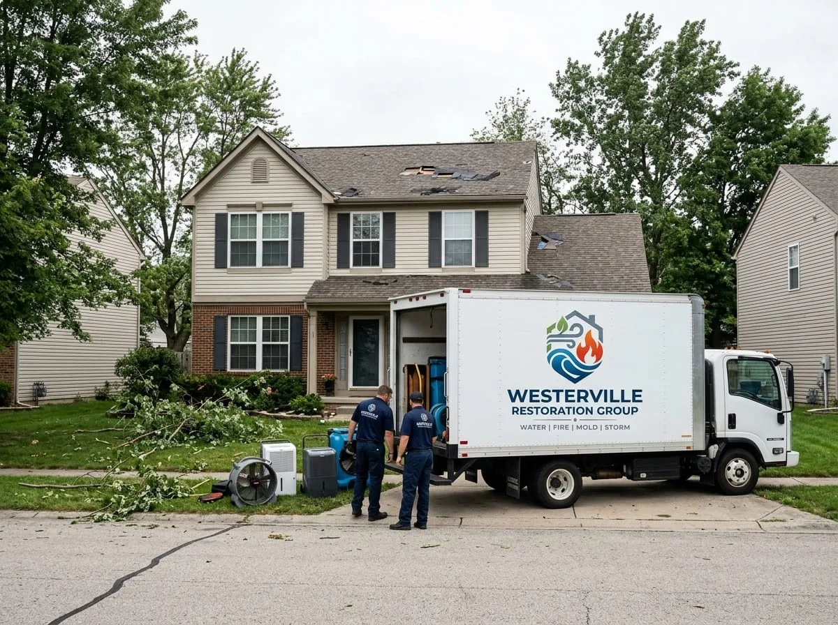 Restoration truck parked outside a storm-damaged Westerville, OH home after heavy rain