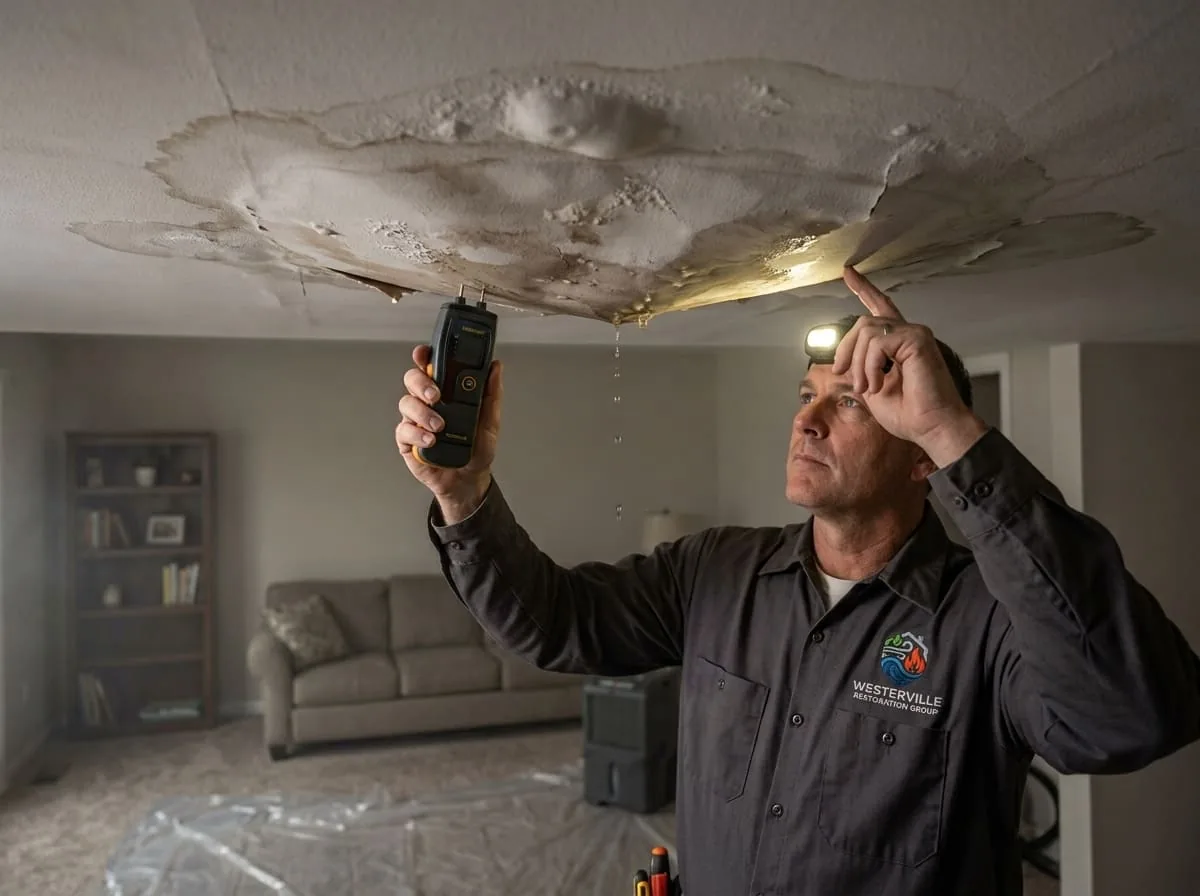 Technician assessing a water-damaged ceiling with visible staining in a Westerville, OH home