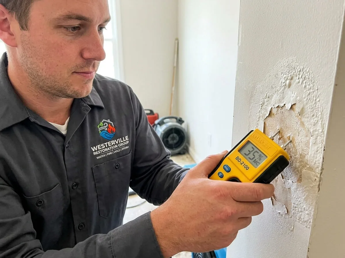 Technician checking a wall's moisture reading as part of a mold inspection in Westerville, OH