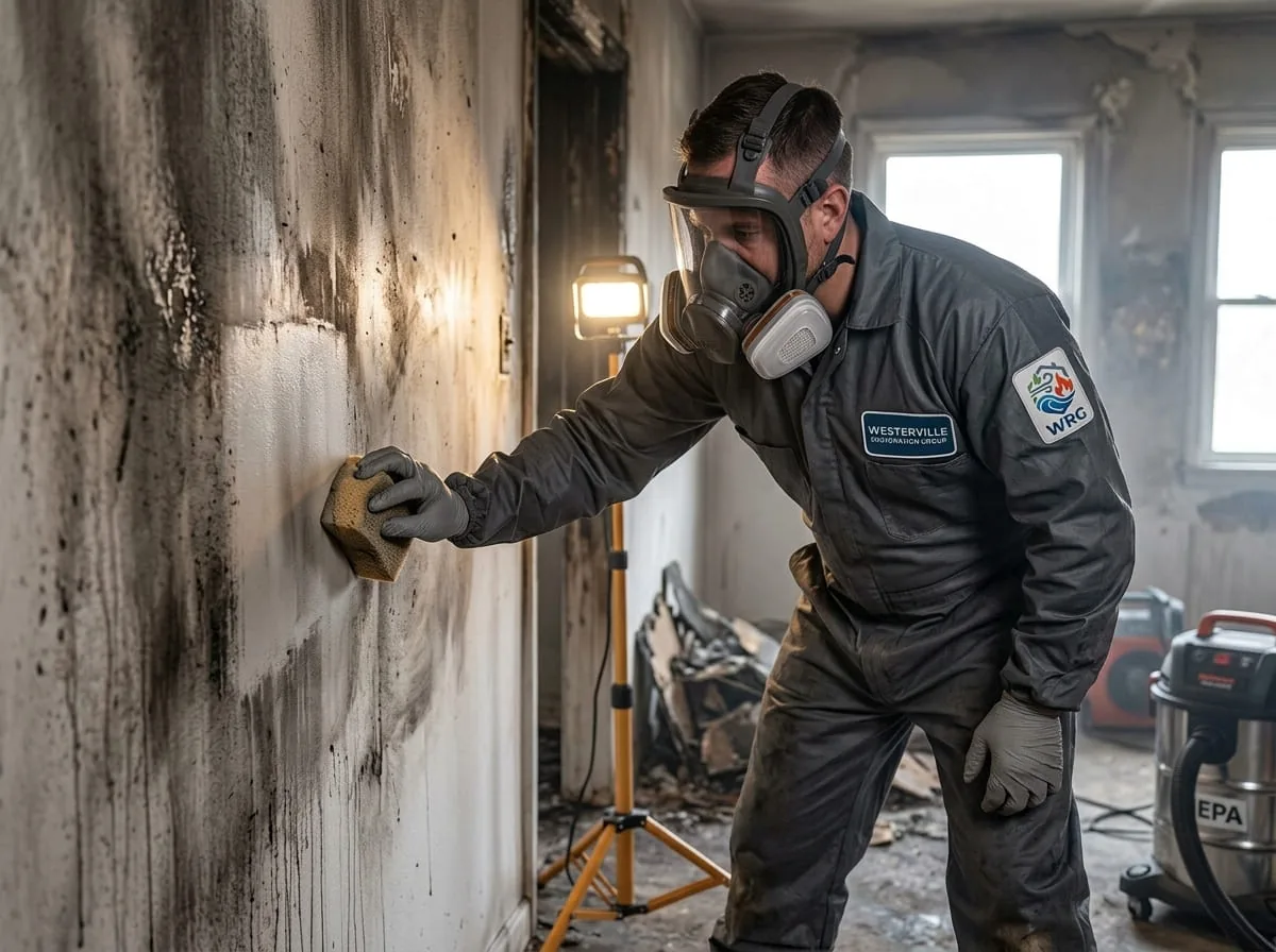 Technician cleaning a smoke-damaged wall as part of odor removal in a Westerville, OH home