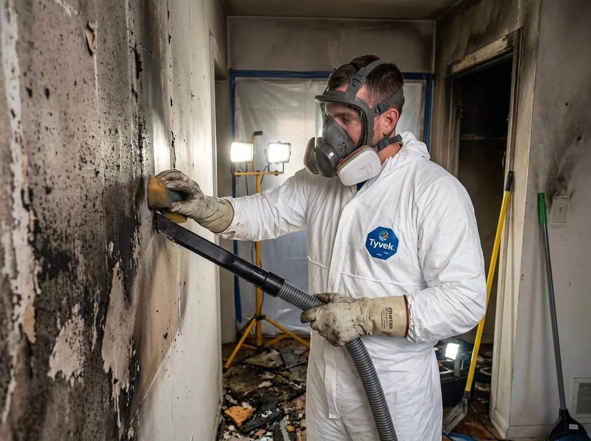 Technician removing soot residue from an interior wall after a Westerville, OH house fire