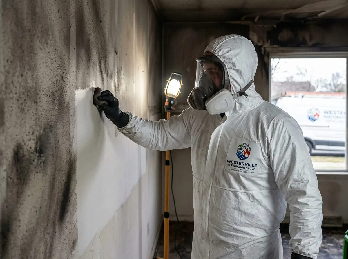 Technician cleaning soot from a smoke-damaged wall in a Westerville, OH home