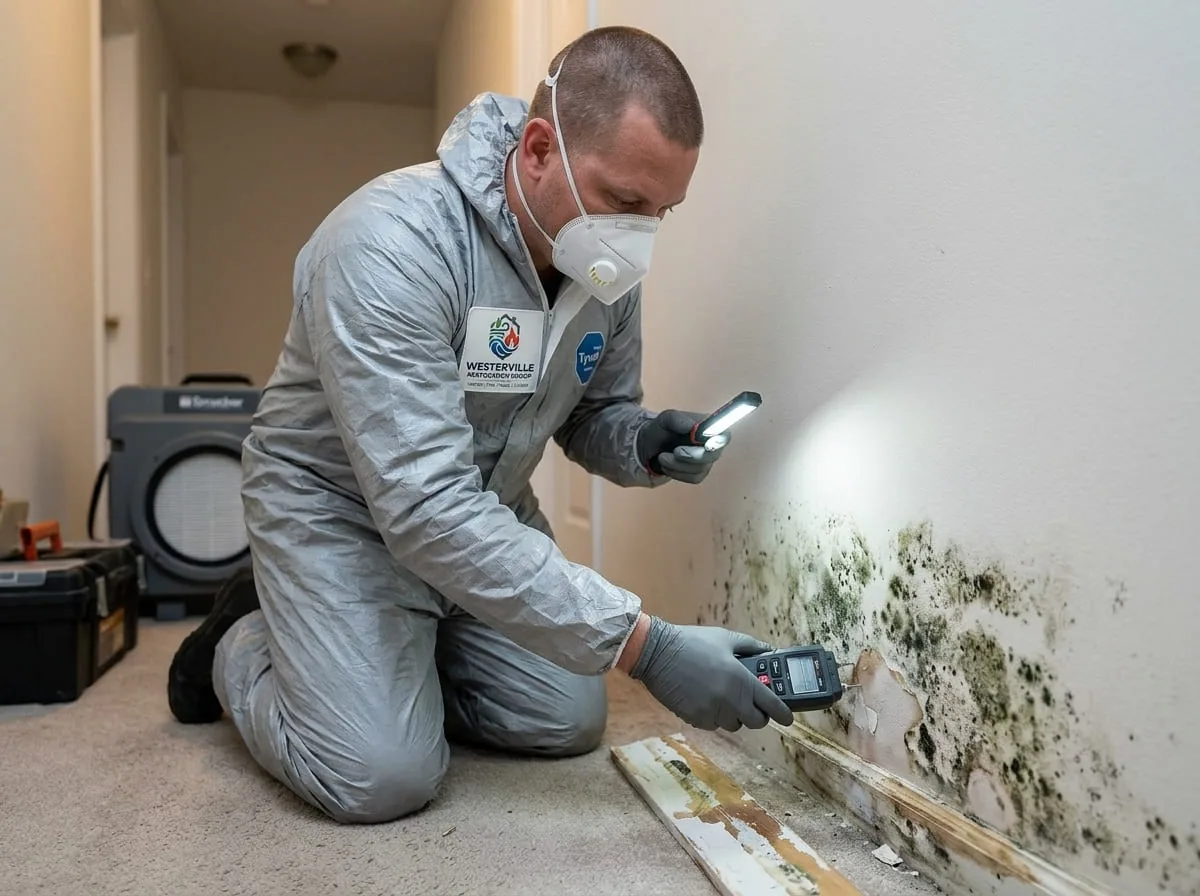 Technician examining mold growth along a baseboard in a Westerville, OH home