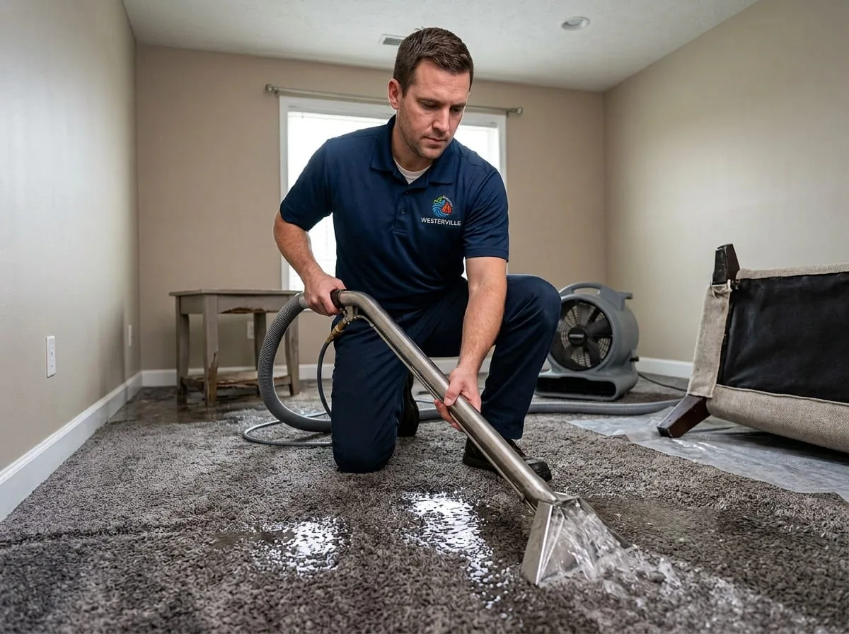 Technician extracting standing water after a burst pipe, before structural drying begins