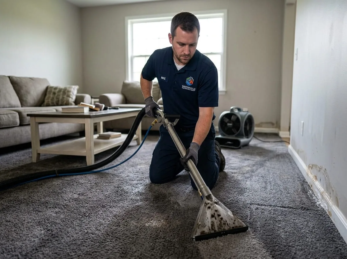 Technician using a water extraction tool to remove standing water from flooring in Westerville, OH