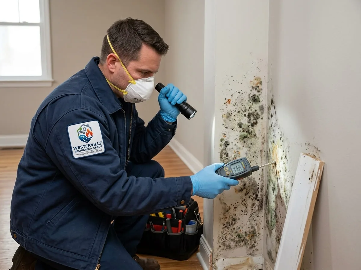 Technician in protective equipment inspecting for early mold growth after a water loss