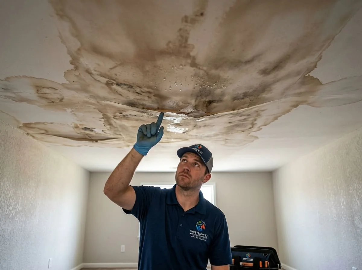 Technician inspecting a water-damaged ceiling to judge whether materials can be dried and saved