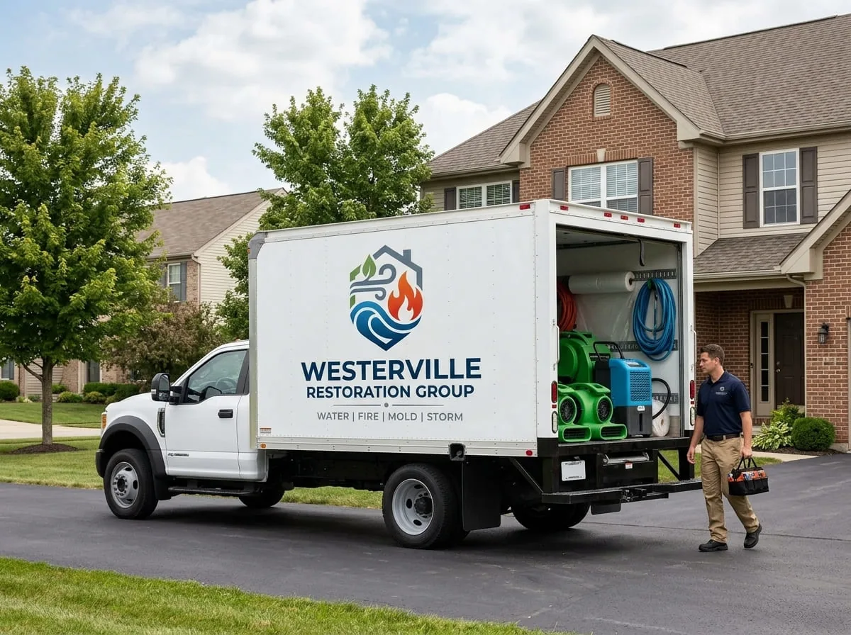 Technician loading drying equipment from a van at a New Albany, OH home