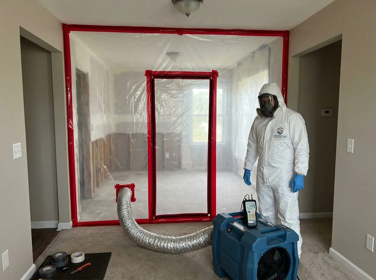 Mold containment still in place during post-remediation verification in a Westerville, OH home