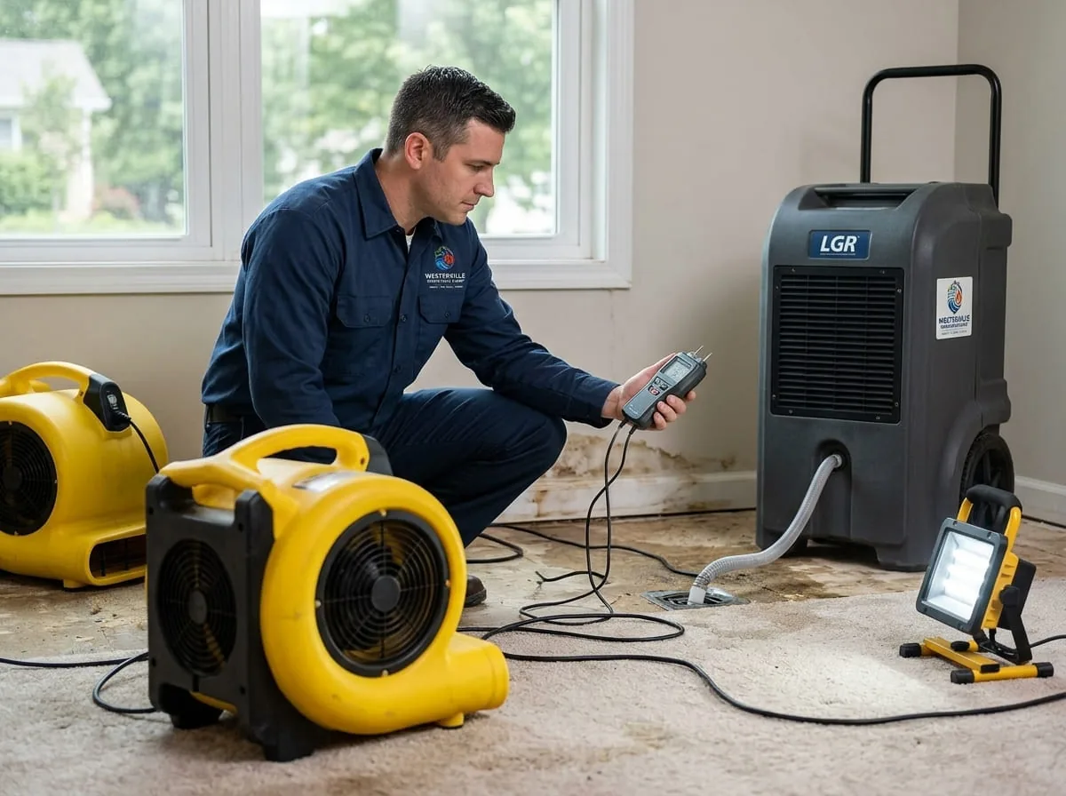 Technician setting up structural drying equipment in a water-damaged Westerville, OH home