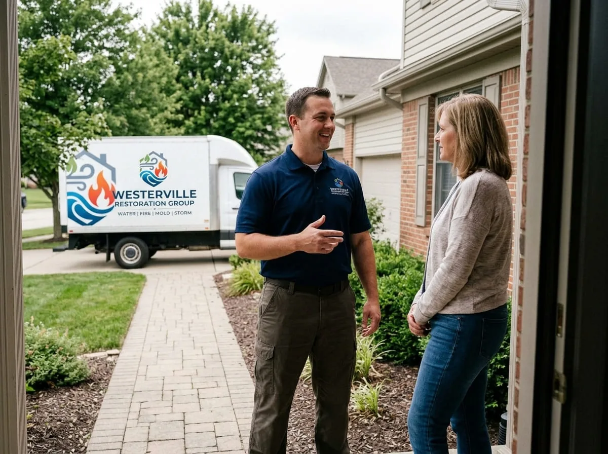 A restoration technician speaking with a homeowner beside a company truck in Westerville, OH
