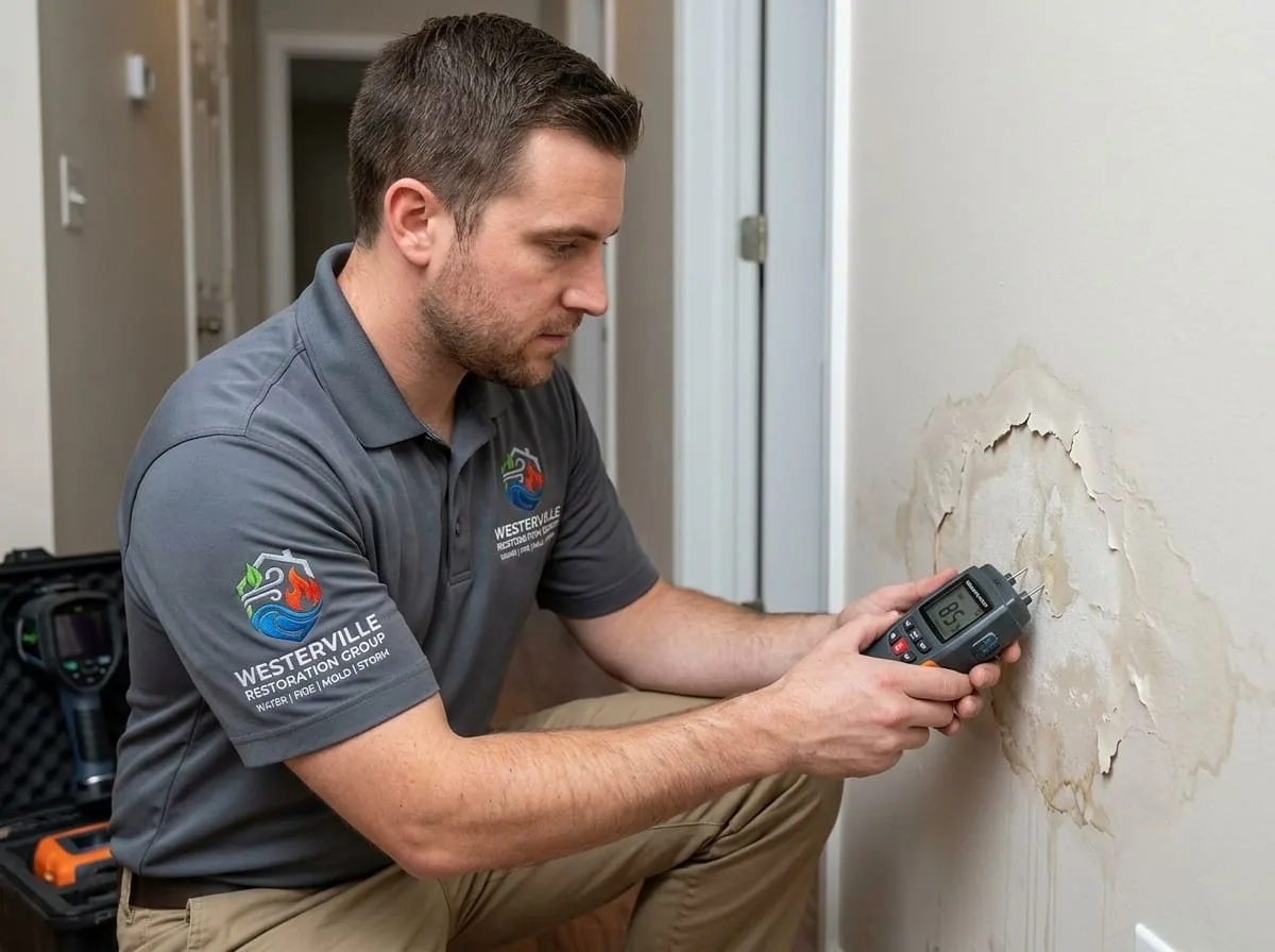 Technician using a moisture meter on a wall in a Harlem Township, OH home