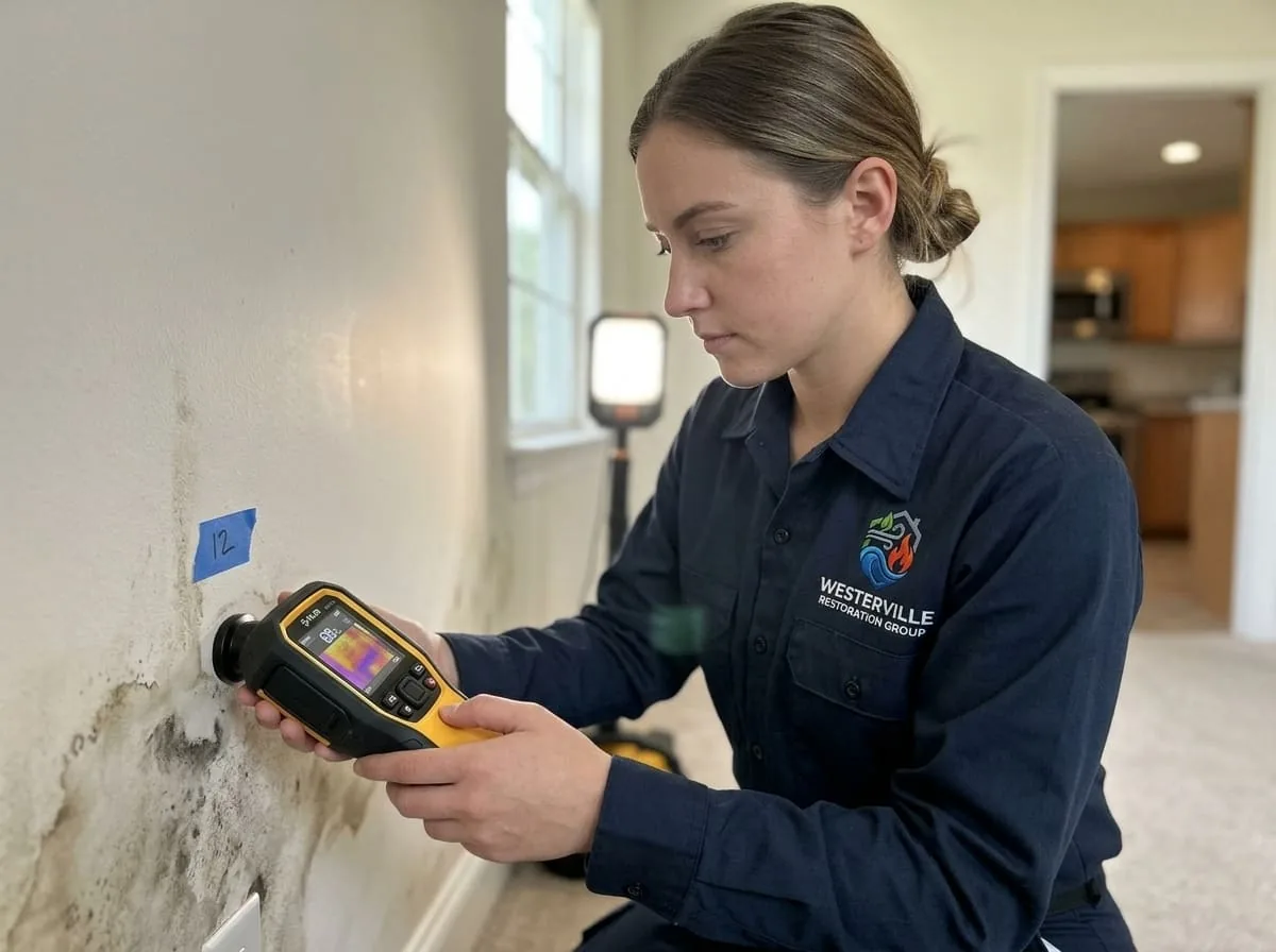 Technician using a moisture meter to check drying progress on a Westerville, OH wall