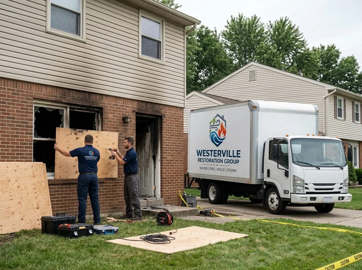 Technicians securing a fire-damaged Westerville, OH home ahead of reconstruction work