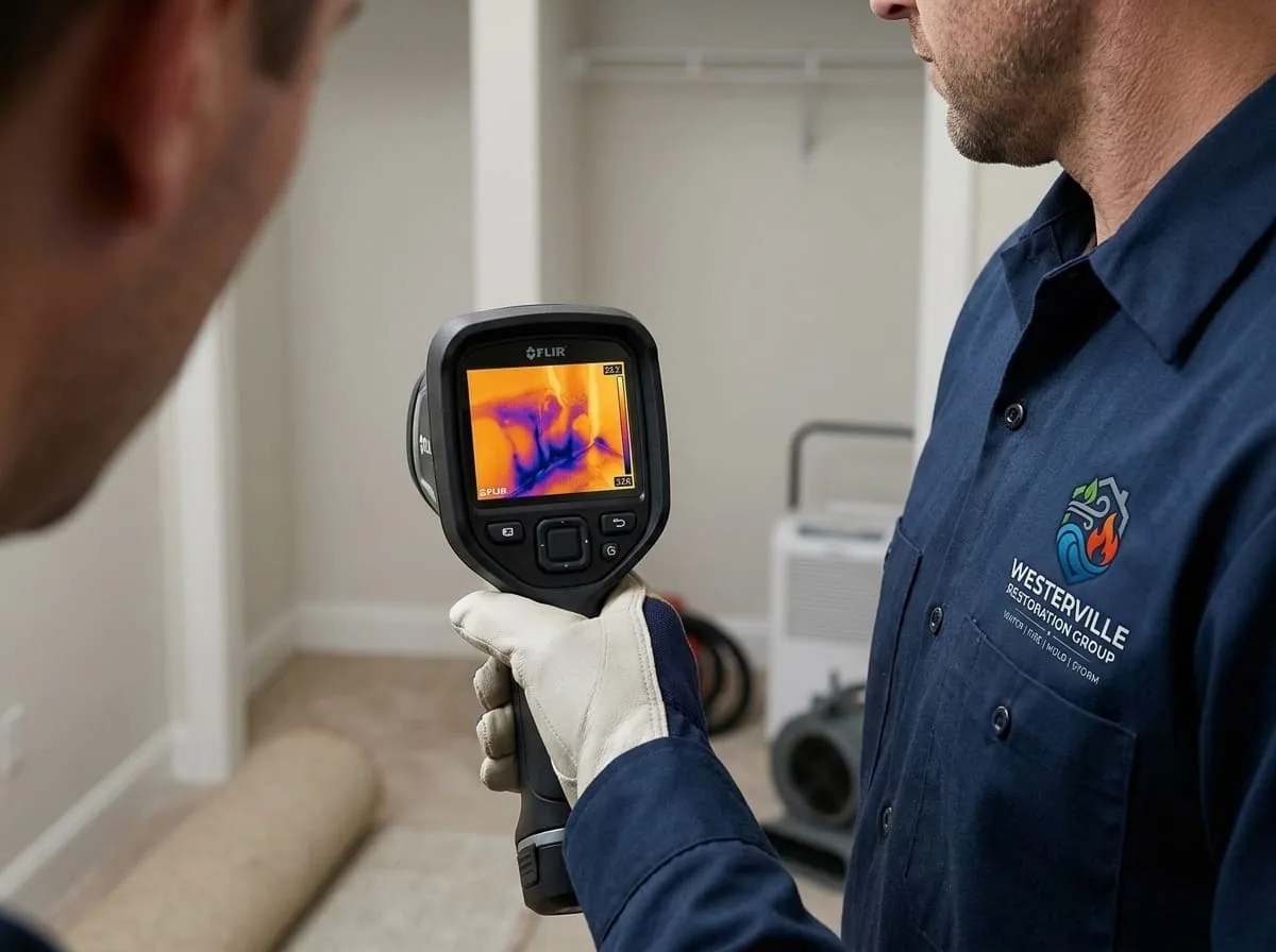 Thermal imaging camera detecting hidden moisture behind a wall after a house fire