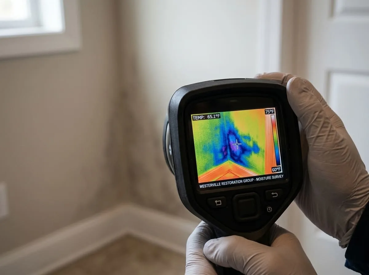 Thermal imaging camera used to detect hidden moisture during mold testing in Westerville, OH