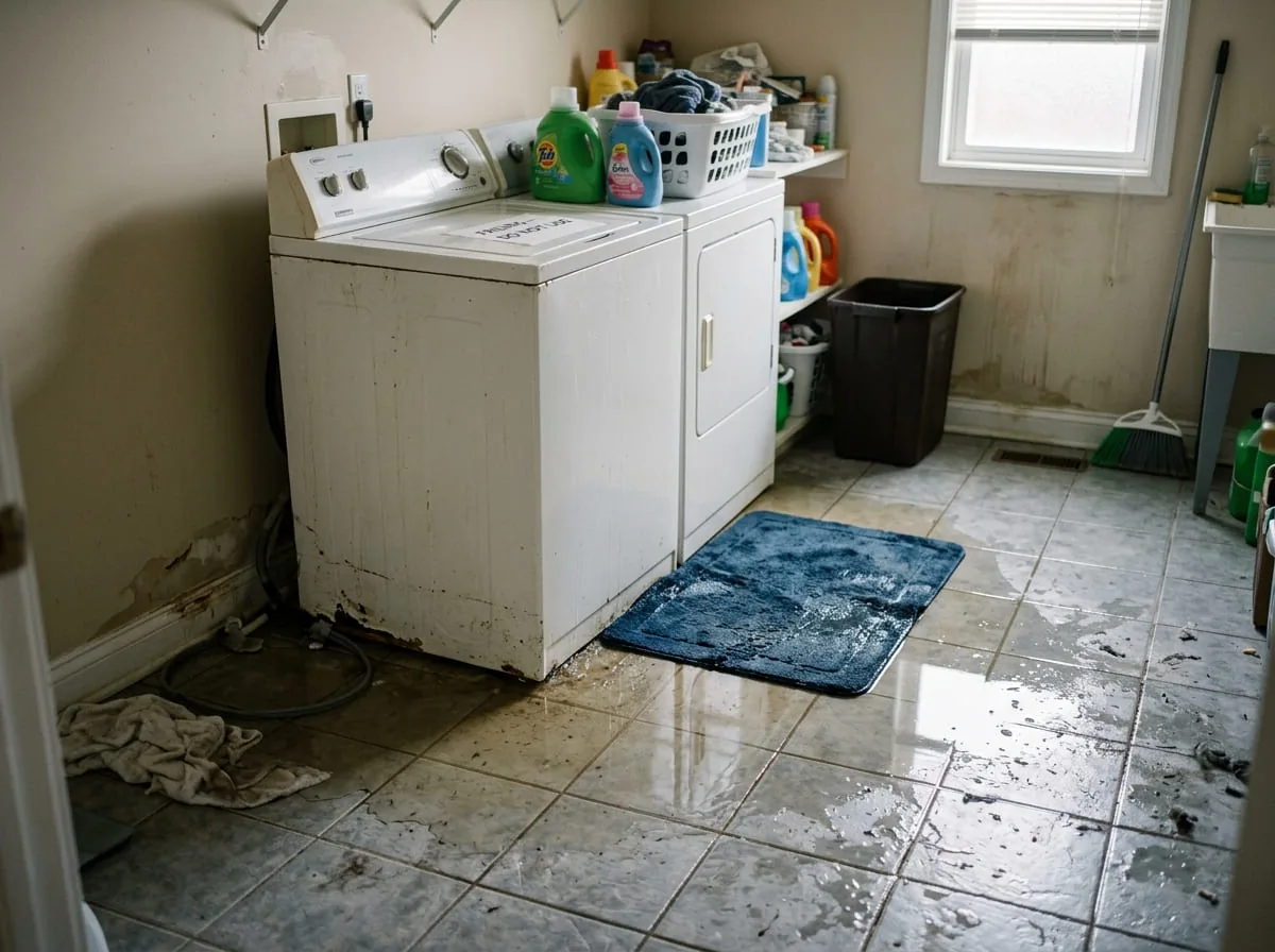 Water pooling on a laundry room floor, the kind of sudden leak this guide covers